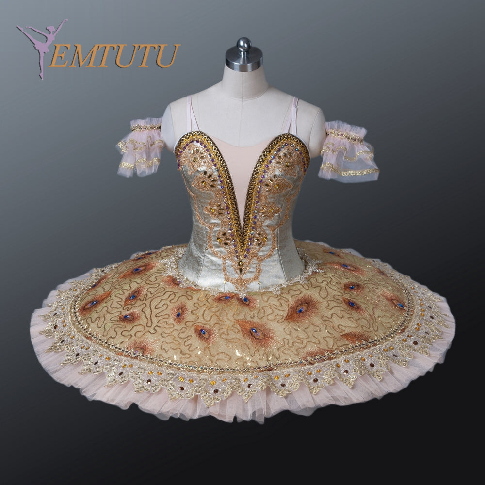 EM1127 EMTUTU Adult Professional Ballet Tutu Costume Gold, Ballerina Pancake Tutu Skirt, Women Performance Classical Ballet Costume Dress