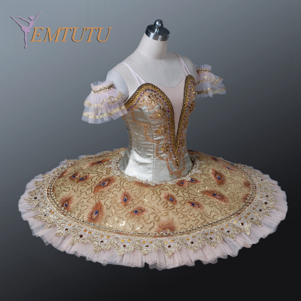 EM1127 EMTUTU Adult Professional Ballet Tutu Costume Gold, Ballerina Pancake Tutu Skirt, Women Performance Classical Ballet Costume Dress