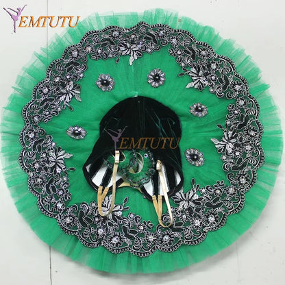 EM1055 Deep Green EMTUTU Adult Professional Ballet Tutu Women Performance Pancake Tutu Skirt Precious Stones Fairy Ballet Stage Tutu Costume