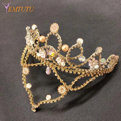 BH225 EMTUTU Gold Pink Orange Professional Ballet Headpiece Crown Hand Made Crystal Ballet Tiara Performance Ballet Headwear Sugar Plum Fairy