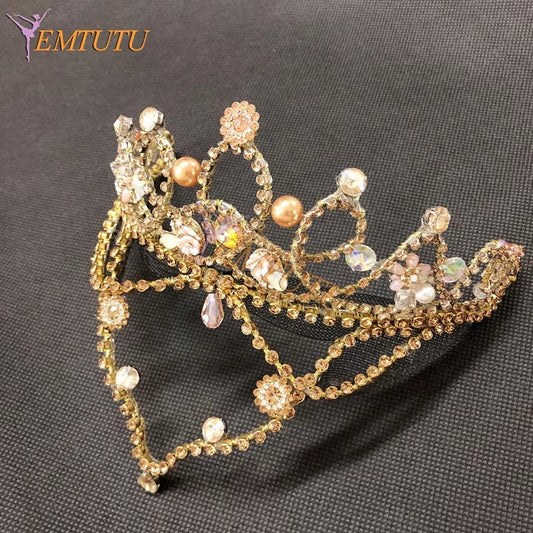 BH225 EMTUTU Gold Pink Orange Professional Ballet Headpiece Crown Hand Made Crystal Ballet Tiara Performance Ballet Headwear Sugar Plum Fairy