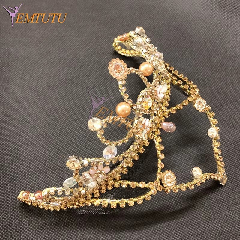 BH225 EMTUTU Gold Pink Orange Professional Ballet Headpiece Crown Hand Made Crystal Ballet Tiara Performance Ballet Headwear Sugar Plum Fairy