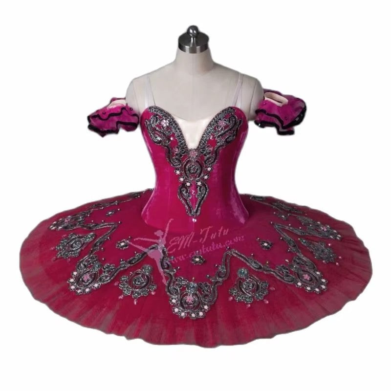 EM1052 EMTUTU Women Professional Ballet Tutus Burgundy Red Adult Ballet Stage Costume Adult Performance Pancake Tutu Ballet Dress