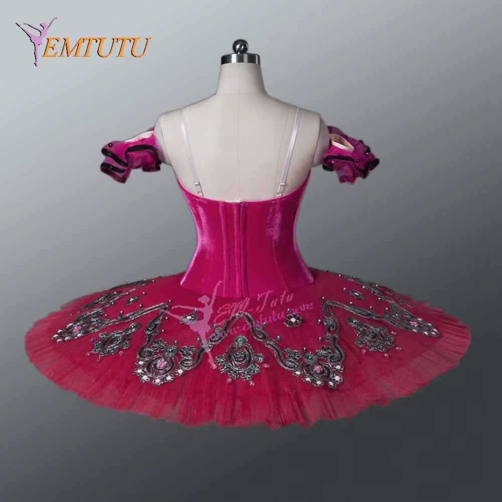 EM1052 EMTUTU Women Professional Ballet Tutus Burgundy Red Adult Ballet Stage Costume Adult Performance Pancake Tutu Ballet Dress