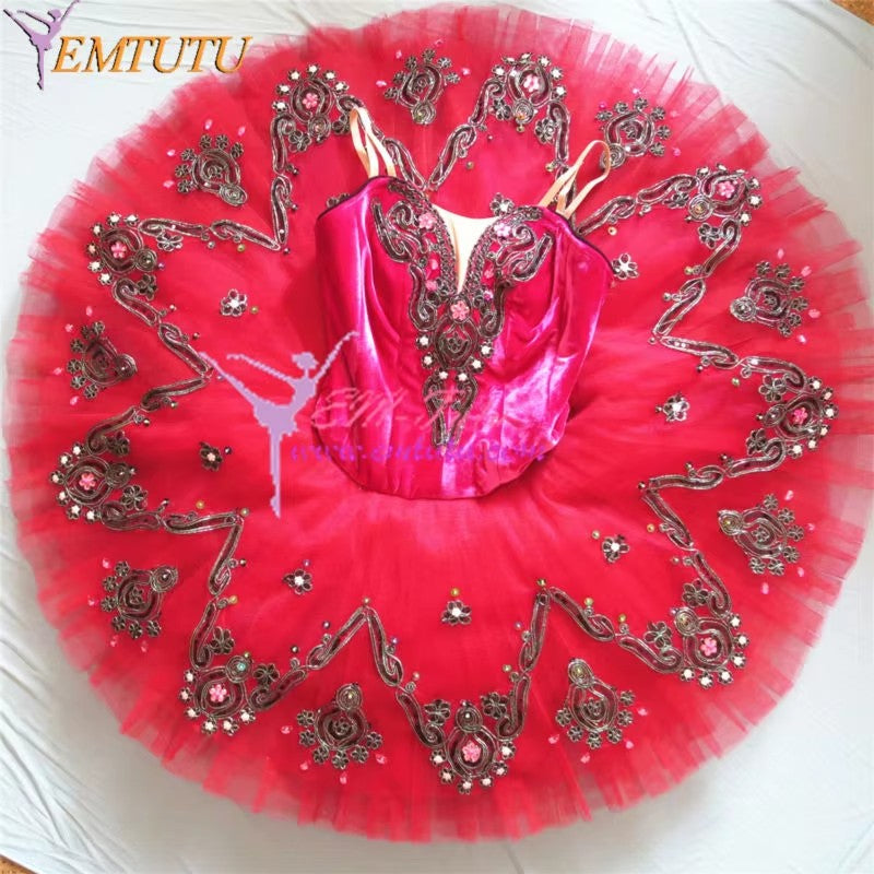 EM1052 EMTUTU Women Professional Ballet Tutus Burgundy Red Adult Ballet Stage Costume Adult Performance Pancake Tutu Ballet Dress