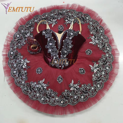 EM1055burgundy deep red EMTUTU Adult Girls Professional Ballet Tutu Deep Red Precious Stones Fairy Ballet Stage Tutu Costume Women Performance Pancake Tutus