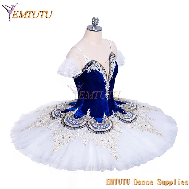 EM1158B EMTUTU Women Adult Professional Ballet Tutu Costume Blue Velvet White Tulle Classical Performance Pancake Ballet Tutu Dress ustom Made