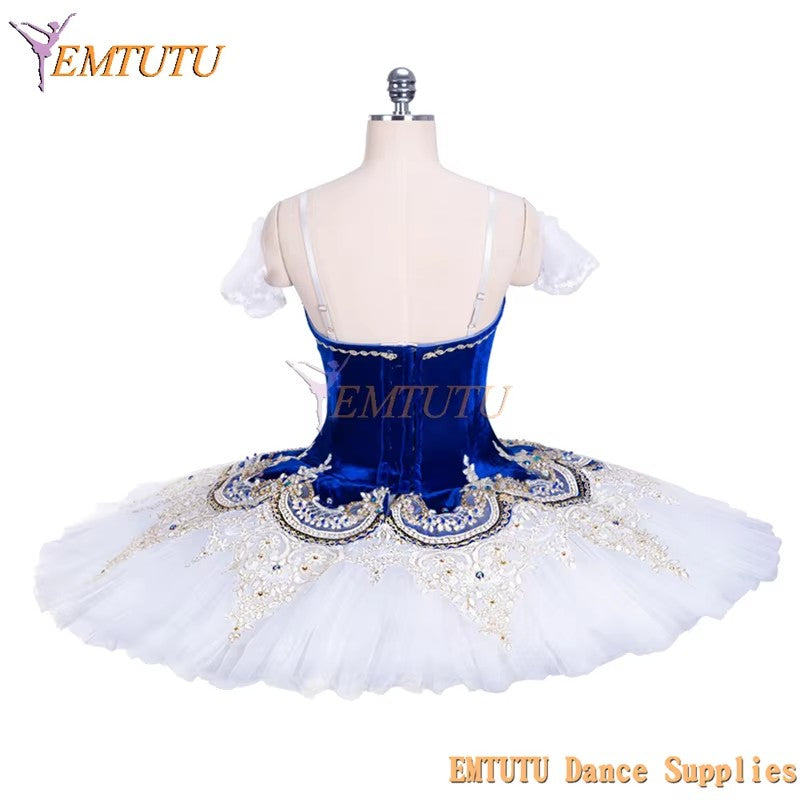 EM1158B EMTUTU Women Adult Professional Ballet Tutu Costume Blue Velvet White Tulle Classical Performance Pancake Ballet Tutu Dress ustom Made