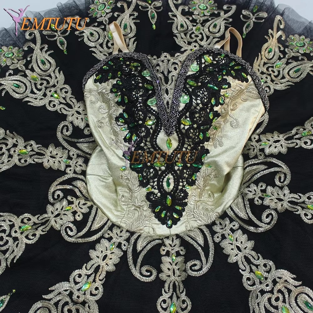 EM1182 EMTUTU Adults Professional Ballet Tutu Black Gold Platter Pancake Performance Tutus YAGP Competition Professional Ballet Costume