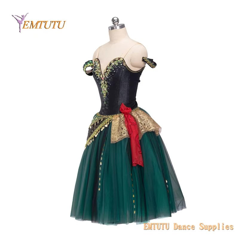 EM1414 EMTUTU Women Professional Ballet Long Tutu Dress Esmeralda Variation Performance Ballet Stage Costume Black Green YAGP