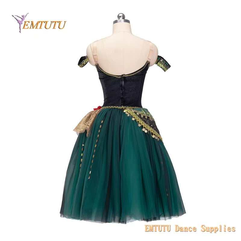 EM1414 EMTUTU Women Professional Ballet Long Tutu Dress Esmeralda Variation Performance Ballet Stage Costume Black Green YAGP