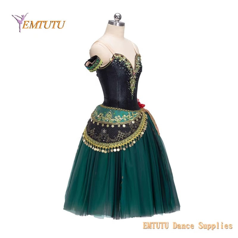 EM1414 EMTUTU Women Professional Ballet Long Tutu Dress Esmeralda Variation Performance Ballet Stage Costume Black Green YAGP