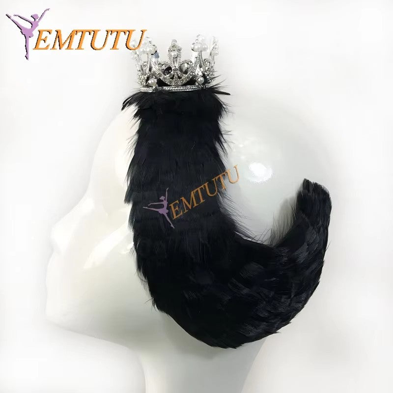 LA116 EMTUTU White Black Swan Lake Ballet Headwear with Tiara Crown Real Feather Nutcracker Ballet Headpieces Hand Made Ballet Headband