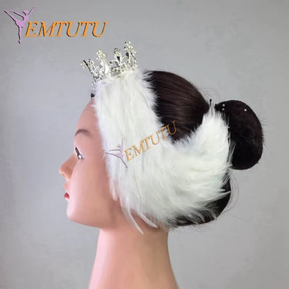 LA116 EMTUTU White Black Swan Lake Ballet Headwear with Tiara Crown Real Feather Nutcracker Ballet Headpieces Hand Made Ballet Headband