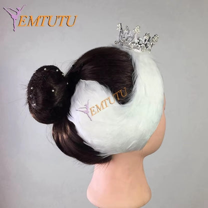 LA116 EMTUTU White Black Swan Lake Ballet Headwear with Tiara Crown Real Feather Nutcracker Ballet Headpieces Hand Made Ballet Headband