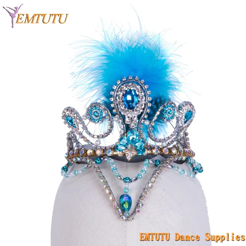 MD014 EMTUTU Blue Bird Ballet Headpiece Feather and Beads Ballet Tiara Handmade Blue Silver Ballet Stage Performance Ballet Crown Custom Made