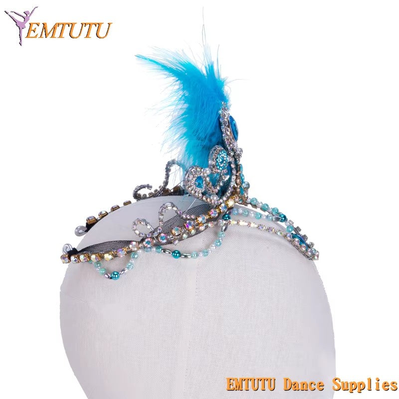 MD014 EMTUTU Blue Bird Ballet Headpiece Feather and Beads Ballet Tiara Handmade Blue Silver Ballet Stage Performance Ballet Crown Custom Made