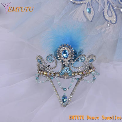 MD014 EMTUTU Blue Bird Ballet Headpiece Feather and Beads Ballet Tiara Handmade Blue Silver Ballet Stage Performance Ballet Crown Custom Made