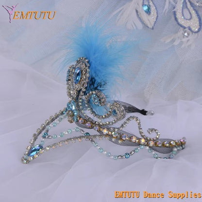 MD014 EMTUTU Blue Bird Ballet Headpiece Feather and Beads Ballet Tiara Handmade Blue Silver Ballet Stage Performance Ballet Crown Custom Made