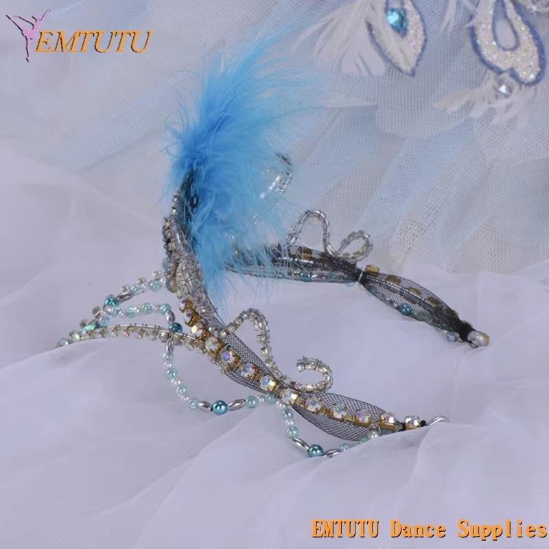 MD014 EMTUTU Blue Bird Ballet Headpiece Feather and Beads Ballet Tiara Handmade Blue Silver Ballet Stage Performance Ballet Crown Custom Made