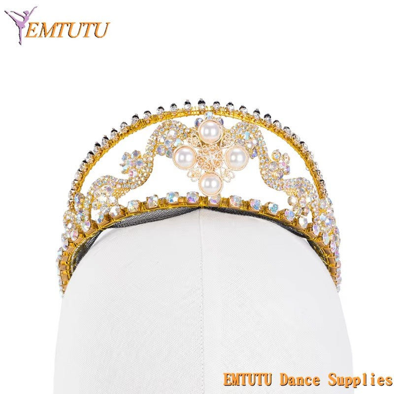 MD023 EMTUTU Gold Color Handmade Professional Ballet Tiara Crown Women Girls Competition Performance Ballet Headpiece Headdress