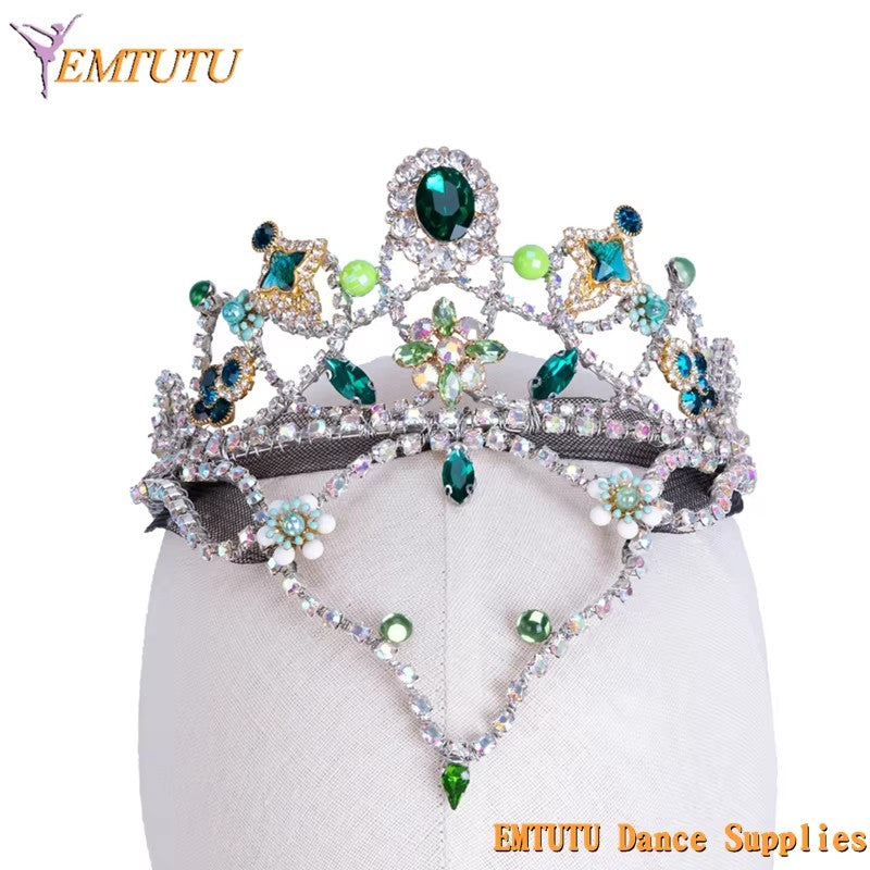 MD025 EMTUTU Green Silver Professional Ballet Headpiece Ballet Tiara Precious Stone Fairy Ballet Performance Crown Headdress Handmade