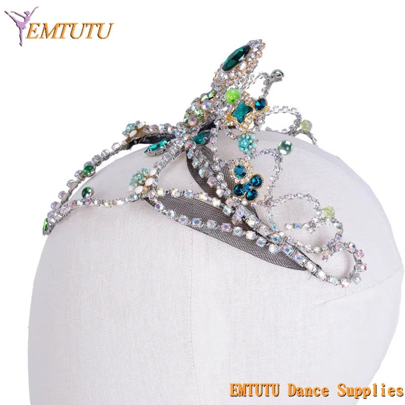 MD025 EMTUTU Green Silver Professional Ballet Headpiece Ballet Tiara Precious Stone Fairy Ballet Performance Crown Headdress Handmade