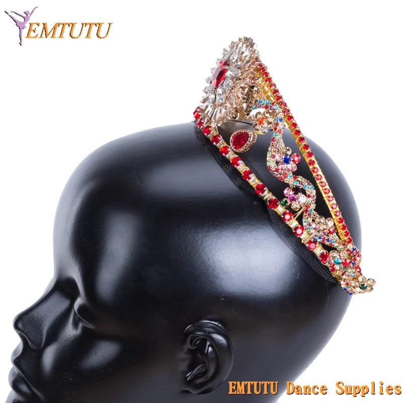 MD035 EMTUTU Red Gold Ballet Tiara Professional Ballet Crown Performance Concert Classical Ballet Headpiece for Women Girls Handmade Headwear