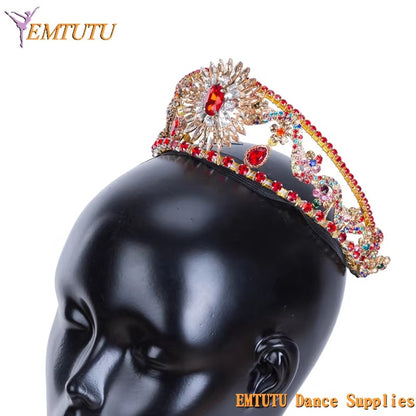 MD035 EMTUTU Red Gold Ballet Tiara Professional Ballet Crown Performance Concert Classical Ballet Headpiece for Women Girls Handmade Headwear