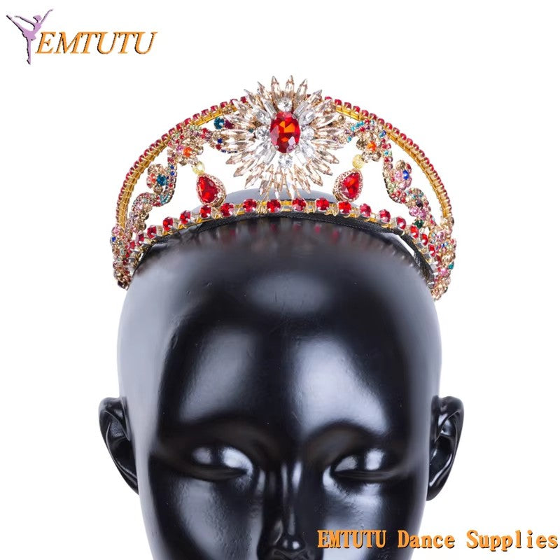 MD035 EMTUTU Red Gold Ballet Tiara Professional Ballet Crown Performance Concert Classical Ballet Headpiece for Women Girls Handmade Headwear