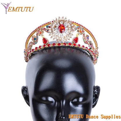 MD035 EMTUTU Red Gold Ballet Tiara Professional Ballet Crown Performance Concert Classical Ballet Headpiece for Women Girls Handmade Headwear