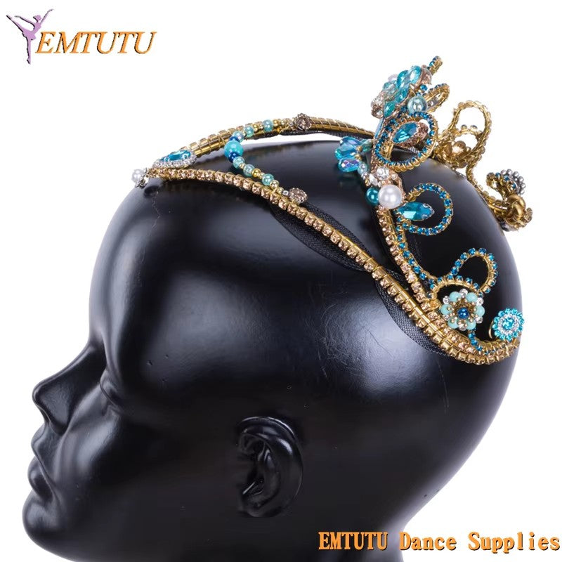 MD039 EMTUTU Le Corsaire Blue Golden Professional Ballet Headpiece Girl Le Pharoah Ballet Tiara YAGP Performance Ballet Crown Headdress Women