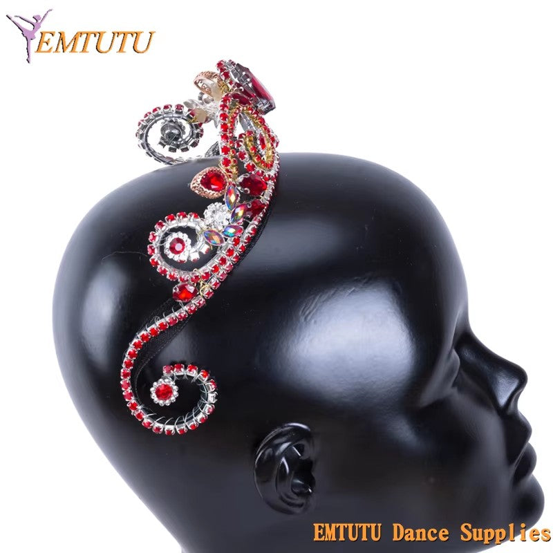 MD032 EMTUTU Women Ballet Competition Performance Professional Ballet Tiara Crown Red Rhinestones Classical Ballet Headpiece Handmade Girls