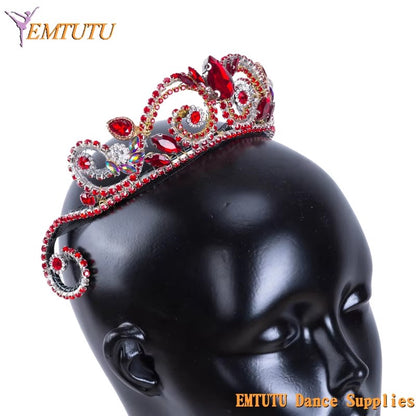 MD032 EMTUTU Women Ballet Competition Performance Professional Ballet Tiara Crown Red Rhinestones Classical Ballet Headpiece Handmade Girls