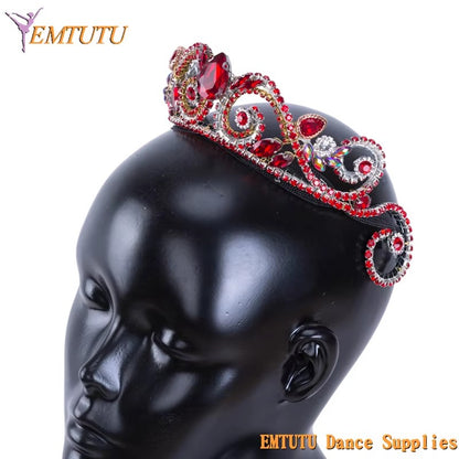 MD032 EMTUTU Women Ballet Competition Performance Professional Ballet Tiara Crown Red Rhinestones Classical Ballet Headpiece Handmade Girls