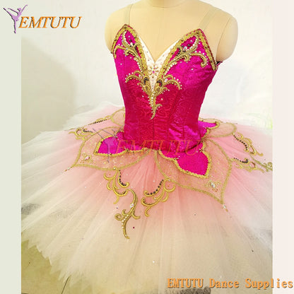 ST352 EMTUTU Women Pink Golden Professional Ballet Costumes Adult Sleeping Beauty Professional Pancake Tutus Fairy Doll Ballet Tutu Dress