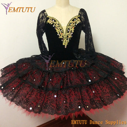 ST366 EMTUTU Lace Long Sleeves Black Red Golden Professional Ballet Tutu Adult Don Quixote Professional Ballet Costume Classical Pancake Tutu