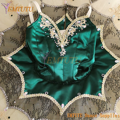 ST370 EMTUTU Professional Green Stone Ballet Tutu Costume Esmeralda Performance Pancake Tutus Green Golden Ballet Tutu Dress for Women