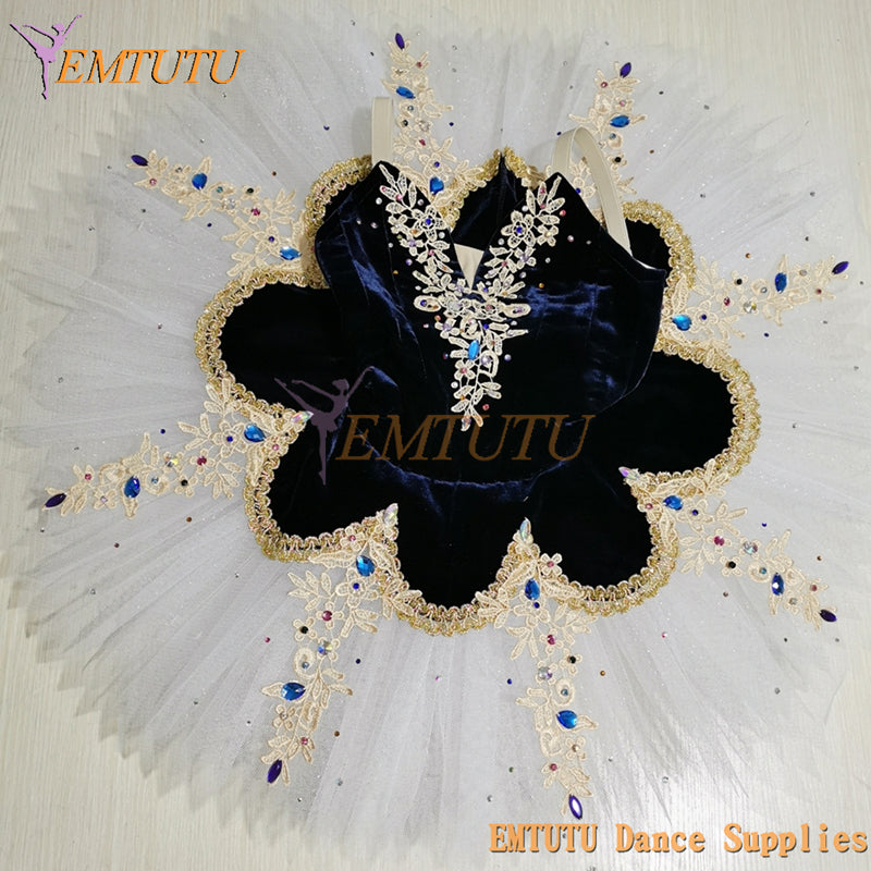 ST375 EMTUTU Black White Professional Ballet Tutu Costume for Women Black Golden Classical Platter Pancake Tutu Performance Stage Costume