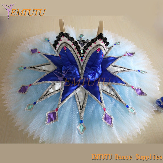 ST382 EMTUTU Harlequinade Professional Ballet Tutus Blue for Women Harlequin Classical Platter Tutu Ballet Performance Tutu Stage Dress Adult