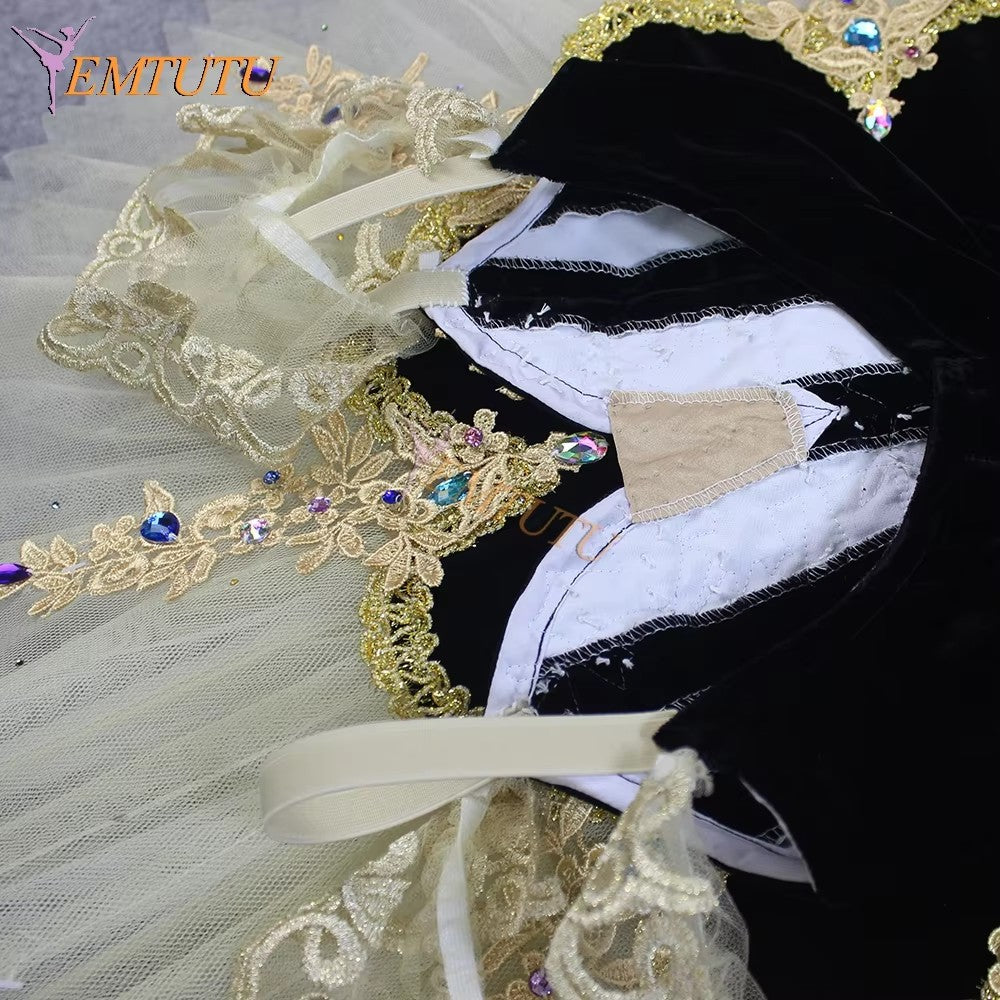 ST375 EMTUTU Black White Professional Ballet Tutu Costume for Women Black Golden Classical Platter Pancake Tutu Performance Stage Costume