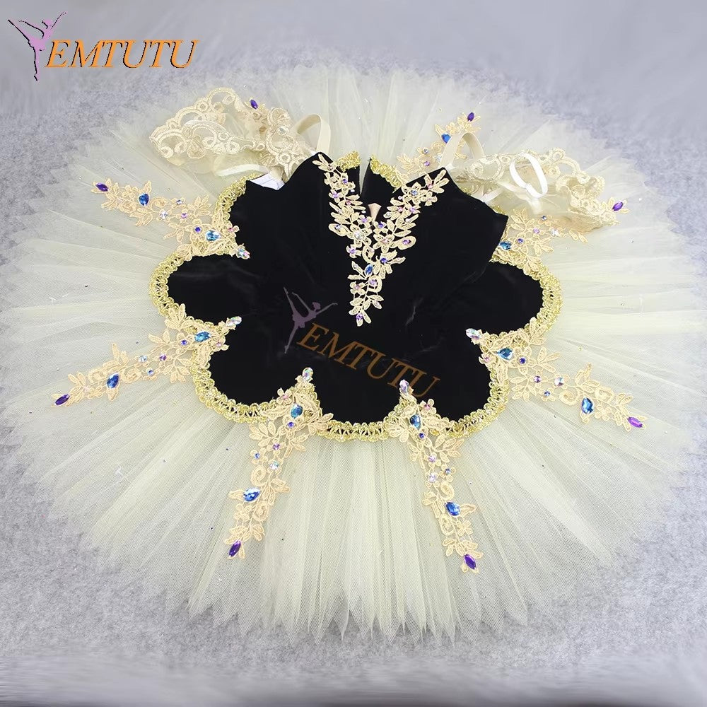 ST375 EMTUTU Black White Professional Ballet Tutu Costume for Women Black Golden Classical Platter Pancake Tutu Performance Stage Costume