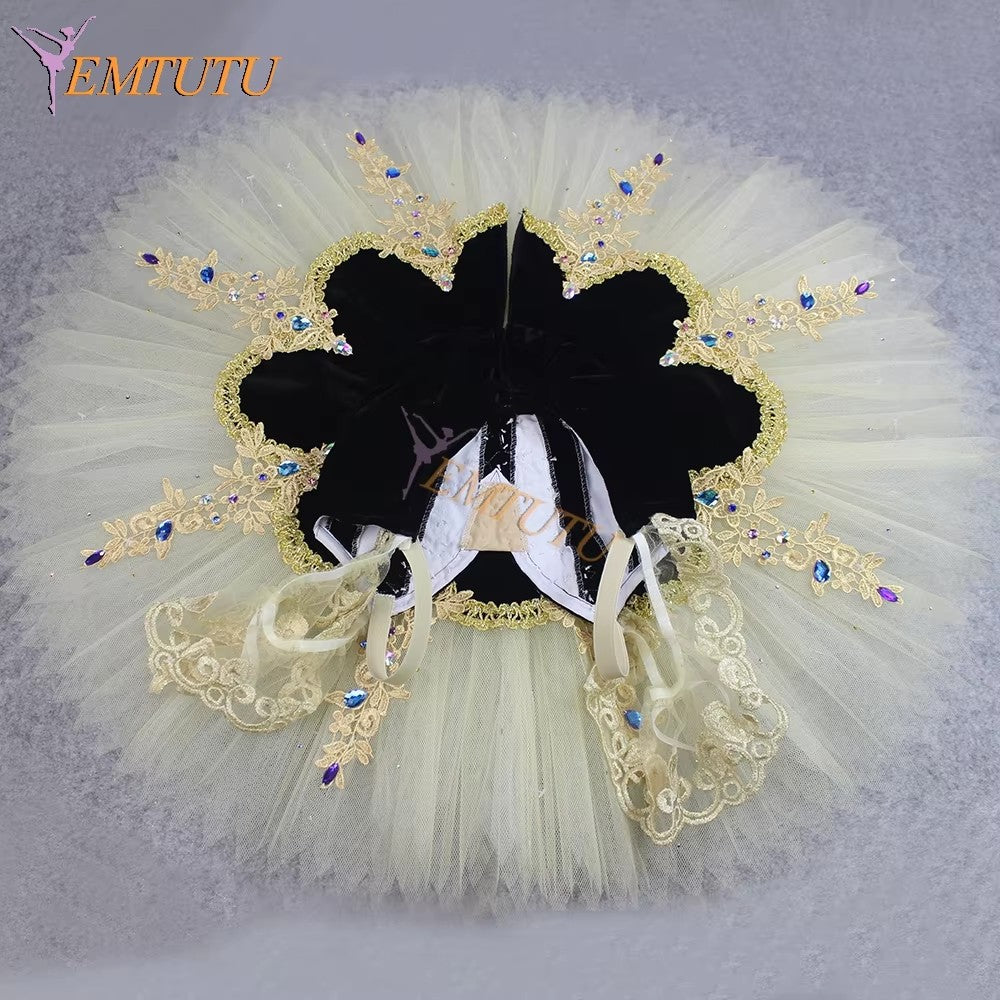 ST375 EMTUTU Black White Professional Ballet Tutu Costume for Women Black Golden Classical Platter Pancake Tutu Performance Stage Costume