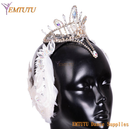 EMTUTU White Swan Lake Odette Professional Ballet Headwear Ballet Tiara Feather Crown Ballet Headpiece for Competition Performance