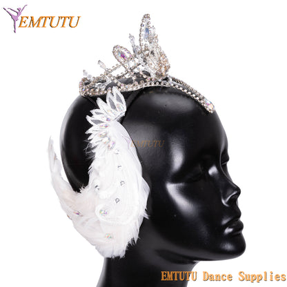 EMTUTU White Swan Lake Odette Professional Ballet Headwear Ballet Tiara Feather Crown Ballet Headpiece for Competition Performance