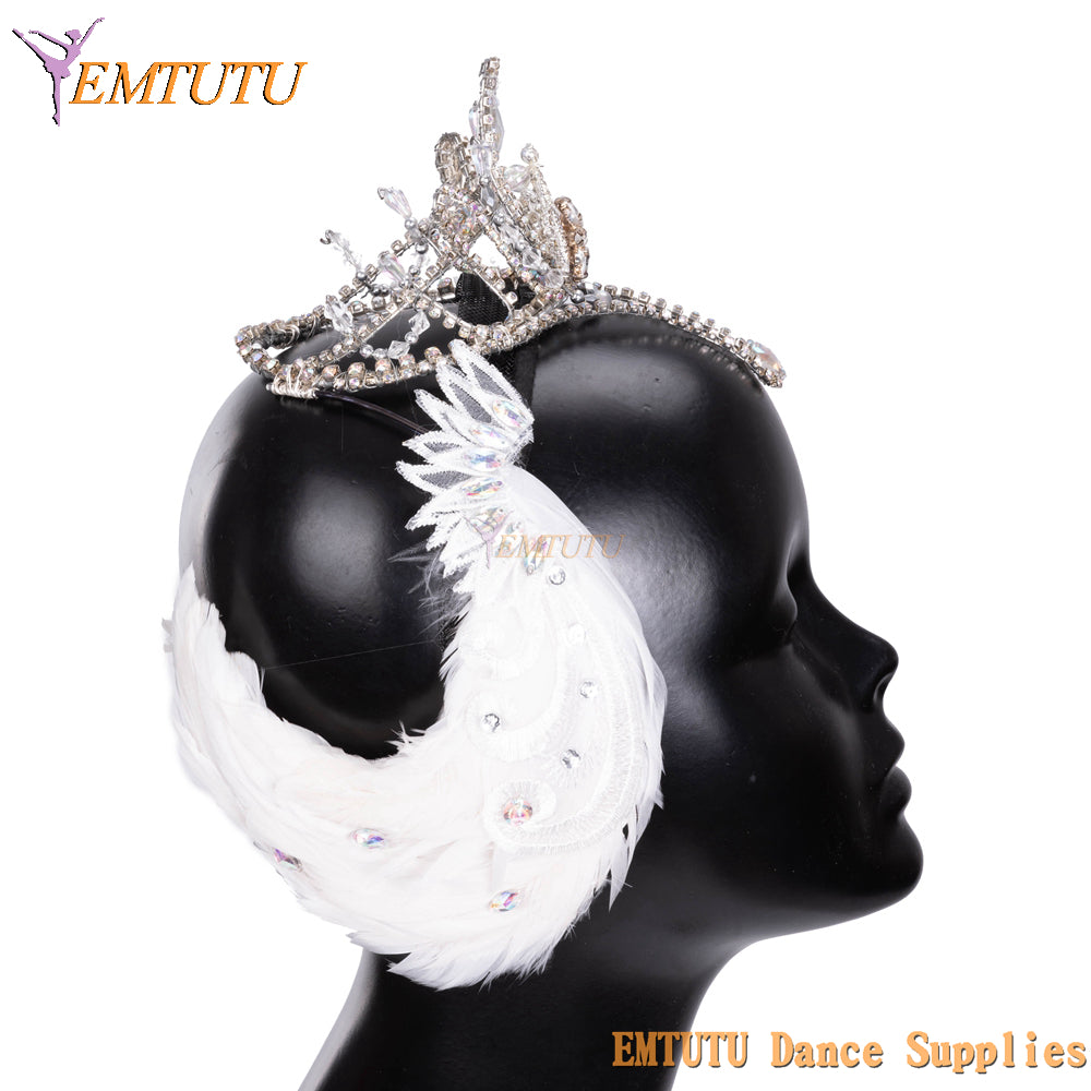 EMTUTU White Swan Lake Odette Professional Ballet Headwear Ballet Tiara Feather Crown Ballet Headpiece for Competition Performance