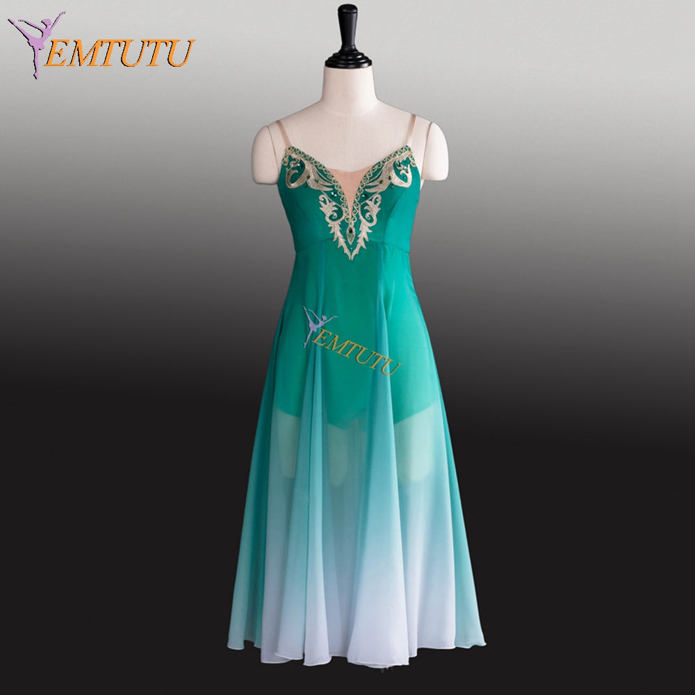 EMTUTU Girls Fading Green Chiffon Napoli Mermaid Ballet Dress Professional Custom Lyrical Dance Costumes