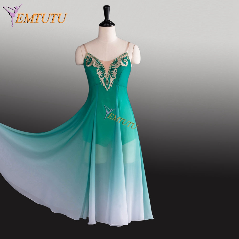 EMTUTU Girls Fading Green Chiffon Napoli Mermaid Ballet Dress Professional Custom Lyrical Dance Costumes