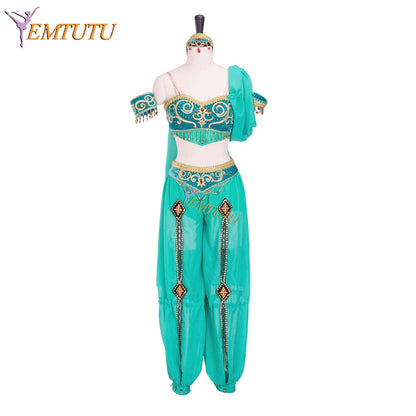 EMTUTU Velvet Bra Top Chiffon Pants Green Oriental Ballet Dancewear Professional Performance Costume