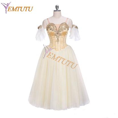 EMTUTU Adult Stetch Satin Gold Fairy Custom Ballerina Long Dress Professional Romantic Tutu Ballet Costume